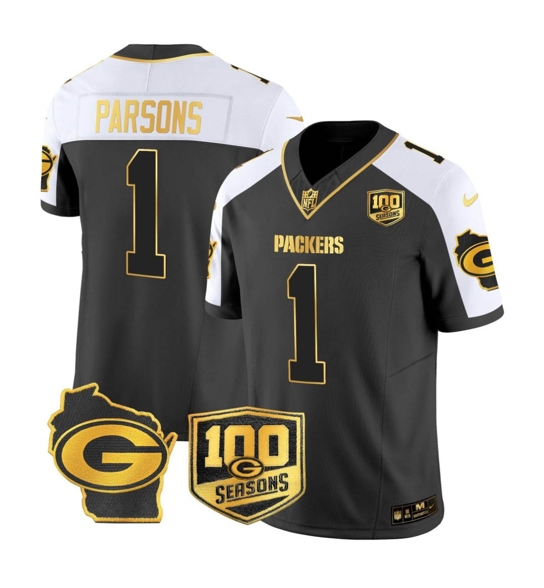 Personalized Men’s Green Bay Packers #1 Micah Parsons 100th Season Home Patch Black and Gold Limited Jersey All Stitched