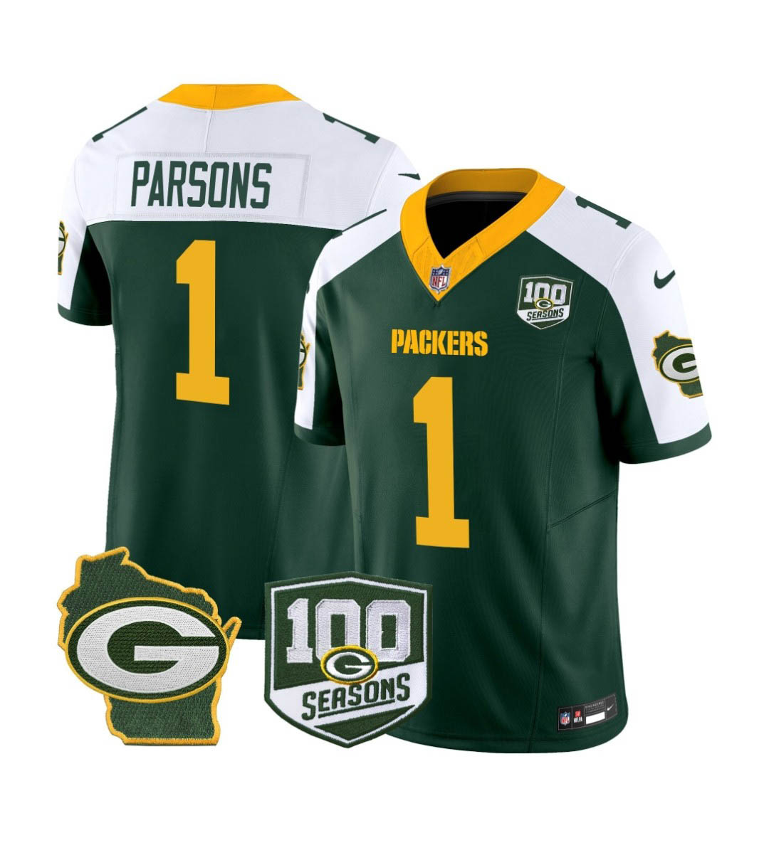 Personalized Men’s Green Bay Packers #1 Micah Parsons 100th Season Home Patch Green Limited Jersey All Stitched