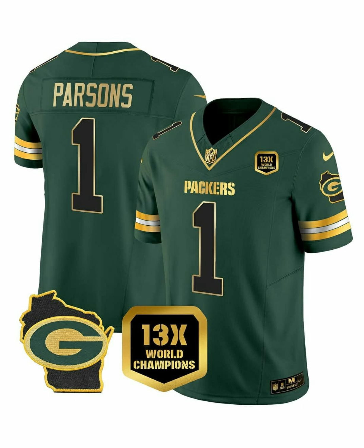 Personalized Men’s Green Bay Packers #1 Micah Parsons Green 2025 F.U.S.E. Champions Patch and G Patch Untouchable Limited Stitched Football Jersey