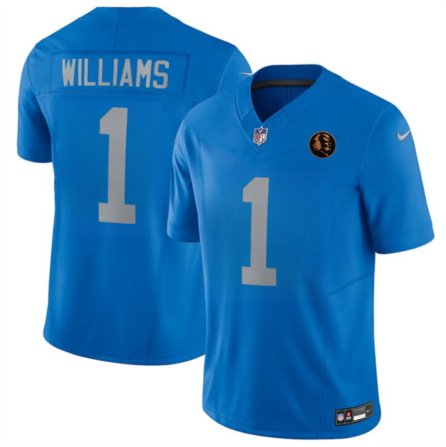 Personalized Men’s Detroit Lions #1 Jameson Williams Blue 2025 F.U.S.E.With John Madden Patch Limited Stitched Jersey