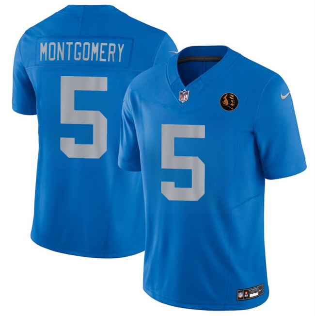 Personalized Men’s Detroit Lions #5 David Montgomery Blue 2025 F.U.S.E.With John Madden Patch Limited Stitched Jersey