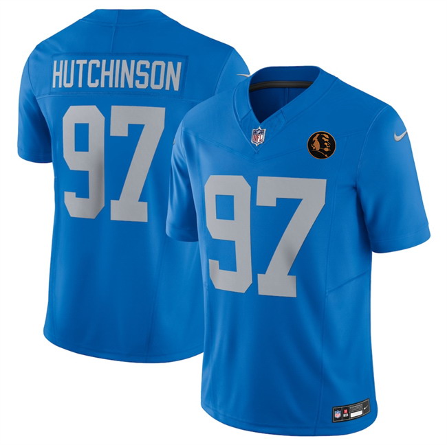Personalized Men’s Detroit Lions #97 Aidan Hutchinson Blue 2025 F.U.S.E.With John Madden Patch Limited Stitched Jersey
