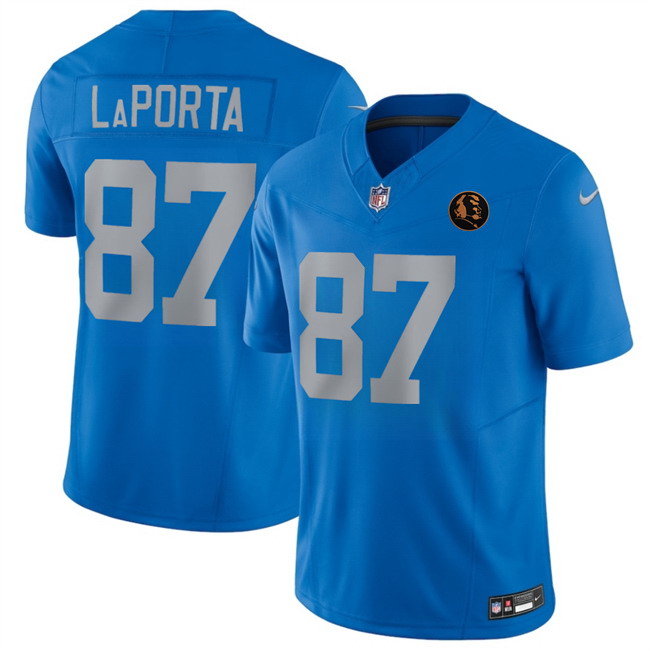 Personalized Men’s Detroit Lions #87 Sam LaPorta Sam LaPorta Blue 2025 F.U.S.E.With John Madden Patch Limited Stitched Jersey