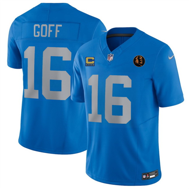 Personalized Men’s Detroit Lions #16 Jared Goff Blue 2025 F.U.S.E.With 4-Star C Patch And John Madden Patch Limited Stitched Jersey