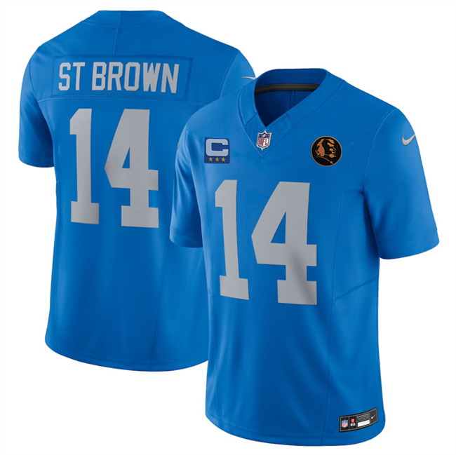Personalized Men’s Detroit Lions #14 Amon-Ra St. Brown Blue 2025 F.U.S.E. With 4 -Star C Patch And John Madden Patch Limited Stitched Jersey