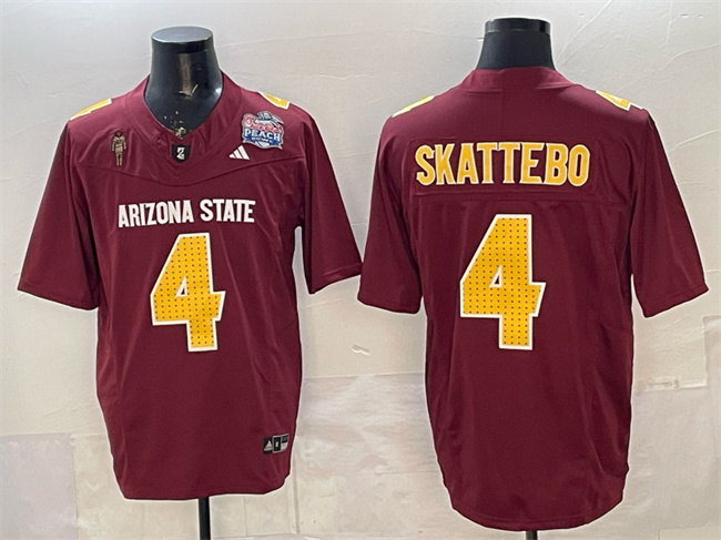 Personalized Men’s Arizona State Sun Devils #4 Cam Skattebo 2024 F.U.S.E. Maroon Pat Tillman & Peach Bowl Patch Limited Stitched Jersey
