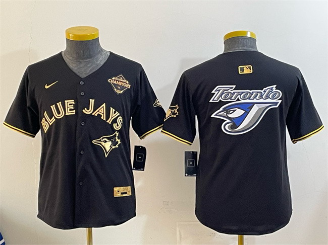 Personalized Youth Toronto Blue Jays Team Big Logo Black Gold 2025 American League Champions Limited Stitched Baseball Jersey