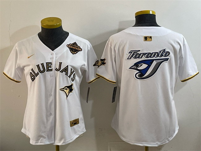 Personalized Youth Toronto Blue Jays Team Big Logo White Gold 2025 American League Champions Limited Stitched Baseball Jersey