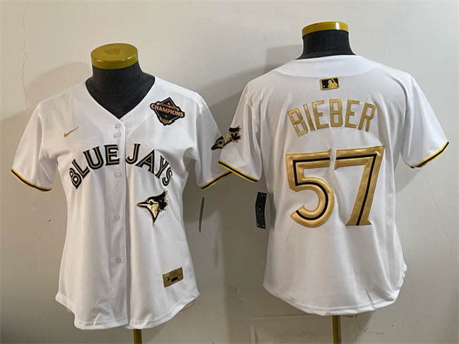 Personalized Youth Toronto Blue Jays #57 Shane Bieber White Gold 2025 American League Champions Limited Stitched Baseball Jersey