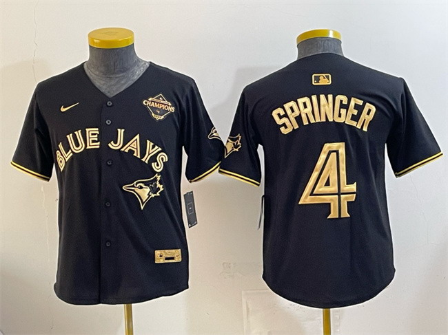Personalized Youth Toronto Blue Jays #4 George Springer Black Gold 2025 American League Champions Limited Stitched Baseball Jersey