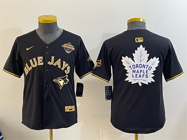 Personalized Youth Toronto Blue Jays & Leafs Black Gold 2025 American League Champions With White Leafs Logo Limited Stitched Baseball Jersey