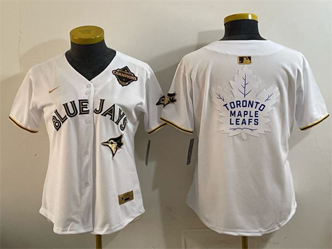 Personalized Youth Toronto Blue Jays & Leafs White Gold 2025 American League Champions With White Leafs Logo Limited Stitched Baseball Jersey