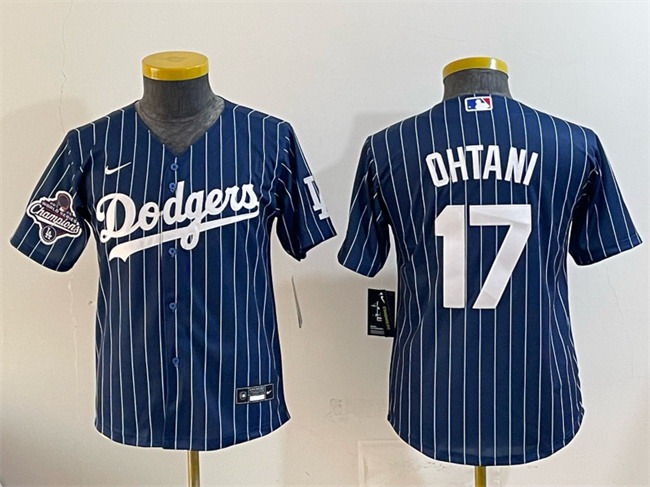 Personalized Youth Los Angeles Dodgers #17 Shohei Ohtani Navy Pinstripe 2025 World Series Champions Patch Cool Base Stitched Baseball Jersey