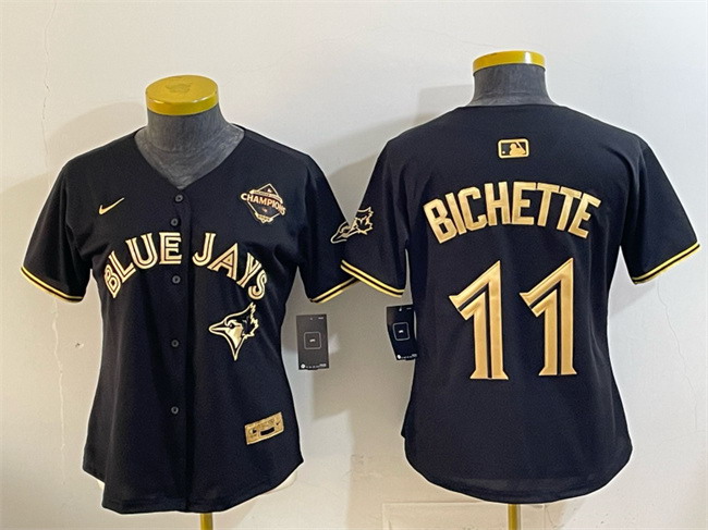 Personalized Women’s Toronto Blue Jays #11 Bo Bichette Black Gold 2025 American League Champions Limited Stitched Baseball Jersey(Run Small)