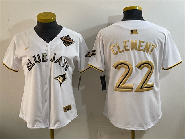 Personalized Women’s Toronto Blue Jays #22 Ernie Clement White Gold 2025 American League Champions Limited Stitched Baseball Jersey(Run Small)