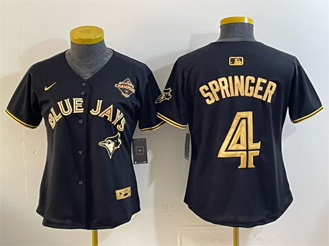 Personalized Women’s Toronto Blue Jays #4 George Springer Black Gold 2025 American League Champions Limited Stitched Baseball Jersey(Run Small)