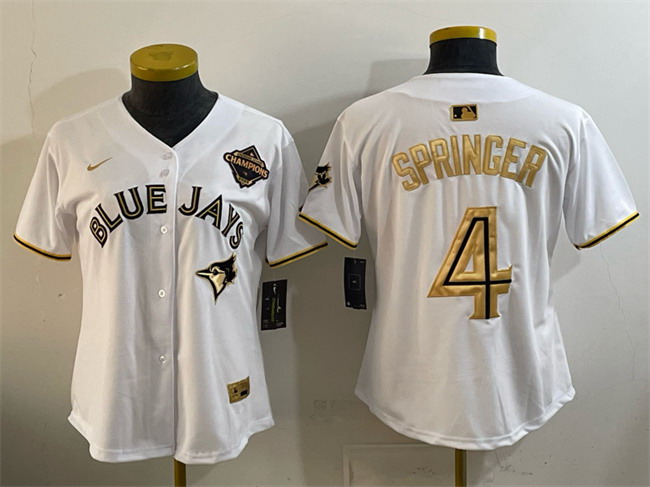 Personalized Women’s Toronto Blue Jays #4 George Springer White Gold 2025 American League Champions Limited Stitched Baseball Jersey(Run Small)