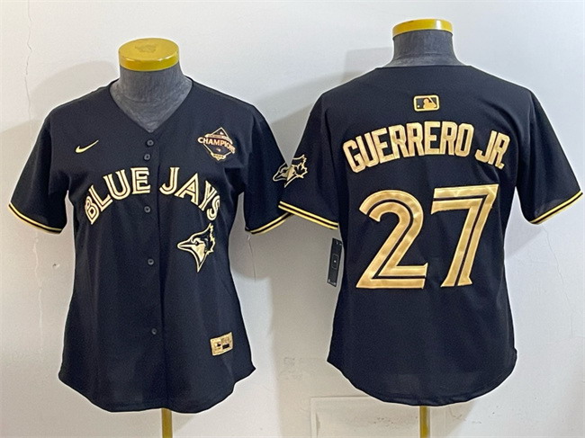 Personalized Women’s Toronto Blue Jays #27 Vladimir Guerrero Jr. Black Gold 2025 American League Champions Limited Stitched Baseball Jersey(Run Small)