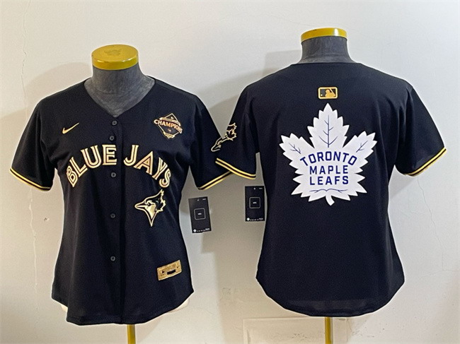 Personalized Women’s Toronto Blue Jays & Leafs Black Gold 2025 American League Champions With White Leafs Logo Limited Stitched Baseball Jersey(Run Small)