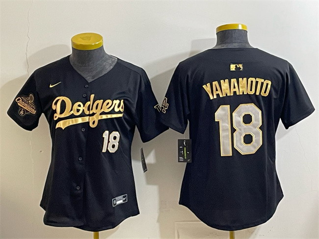 Personalized Women’s Los Angeles Dodgers #18 Yoshinobu Yamamoto Black Gold 2025 World Series Champions Patch Limited Stitched Baseball Jersey(Run Small)