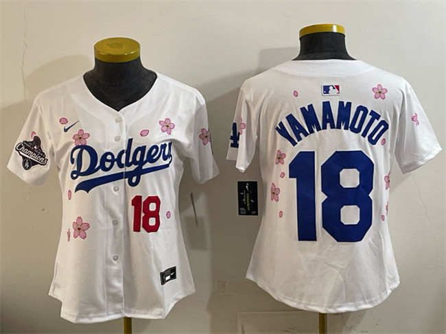 Personalized Women’s Los Angeles Dodgers #18 Yoshinobu Yamamoto White 2025 World Series Champions Patch Tokyo Series Limited Stitched Baseball Jersey(Run Small)