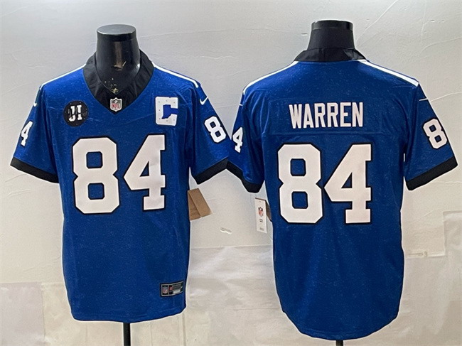 Personalized Men’s Indianapolis Colts #84 Tyler Warren Blue 2025 F.U.S.E. Jim Irsay Patch Throwback Limited Stitched Football Jersey