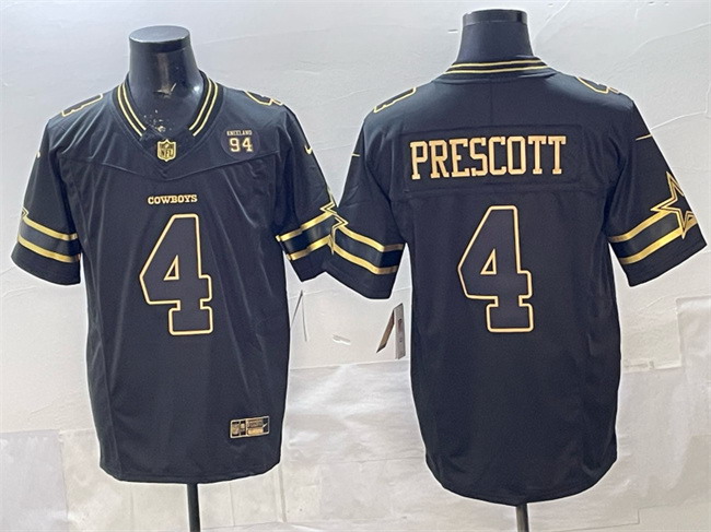 Personalized Men’s Dallas Cowboys #4 Dak Prescott Black Gold 2025 F.U.S.E. 94 Marshawn Kneeland Memorial Patch Limited Stitched Football Jersey