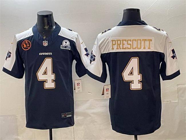 Personalized Men’s Dallas Cowboys #4 Dak Prescott Navy F.U.S.E. With John Madden Patch & Established In 1960 Patch Thanksgiving Limited Stitched Football Jersey