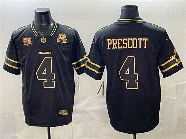 Personalized Men’s Dallas Cowboys #4 Dak Prescott Black Gold 2025 F.U.S.E. With 5x Super Bowl Champions & Established In 1960 Patch Limited Stitched Football Jersey