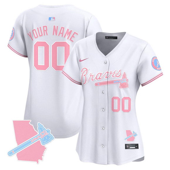 Personalized Women’s Atlanta Braves Active Player White Bubblegum Pink Limited Stitched Baseball Jersey(Run Small)