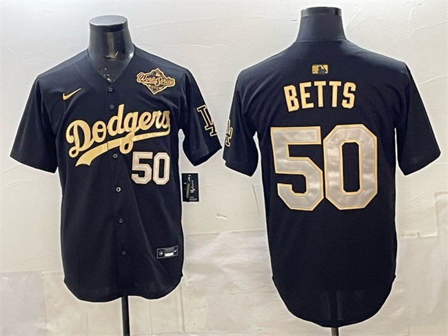 Personalized Men’s Los Angeles Dodgers #50 Mookie Betts Black Gold 2025 World Series Patch Limited Stitched Baseball Jersey