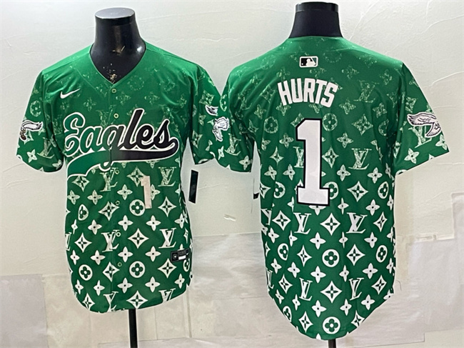 Personalized Men’s Philadelphia Eagles #1 Jalen Hurts Green With Patch Limited Stitched Baseball Jersey