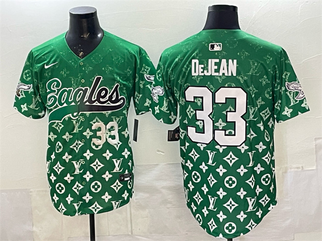 Personalized Men’s Philadelphia Eagles #33 Cooper DeJean Green With Patch Limited Stitched Baseball Jersey