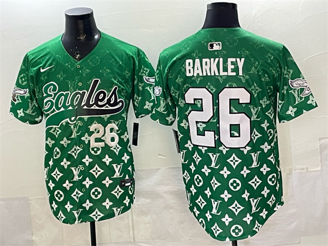 Personalized Men’s Philadelphia Eagles #26 Saquon Barkley Green With Patch Limited Stitched Baseball Jersey