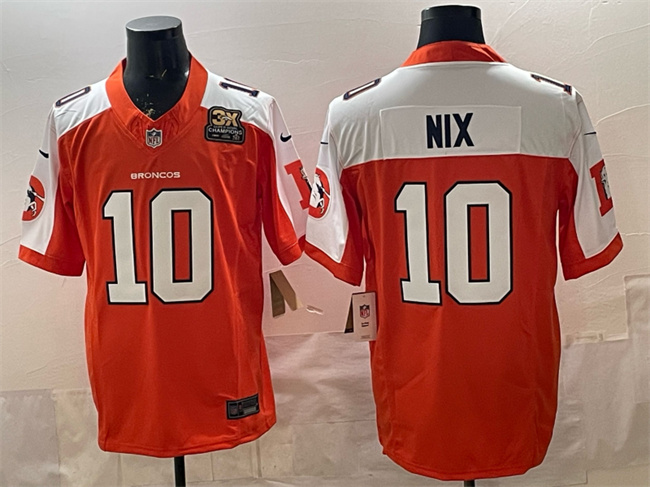 Personalized Men’s Denver Broncos #10 Bo Nix Orange 2024 F.U.S.E. With 3-Time Champions Patch Throwback Limited Alternate Stitched Football Jersey
