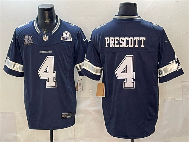 Personalized Men’s Dallas Cowboys #4 Dak Prescott Navy F.U.S.E. With 5x Super Bowl Champions & Established In 1960 Patch Limited Stitched Football Jersey
