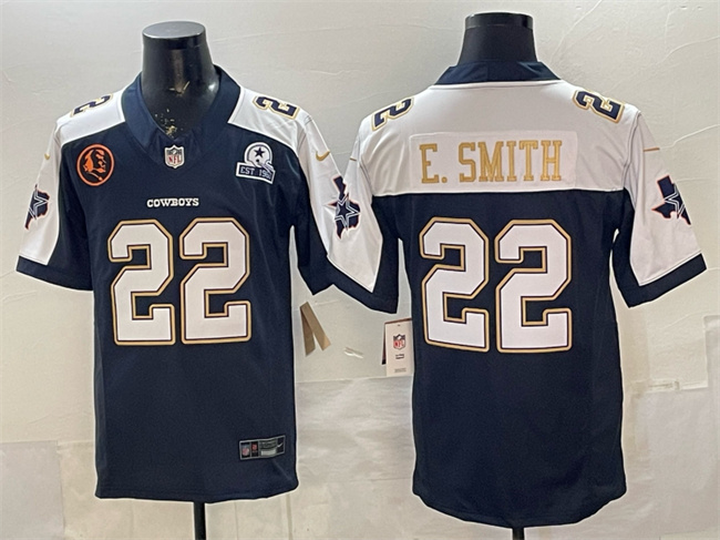 Personalized Men’s Dallas Cowboys #22 Emmitt Smith Navy F.U.S.E. With John Madden Patch & Established In 1960 Patch Thanksgiving Limited Stitched Football Jersey