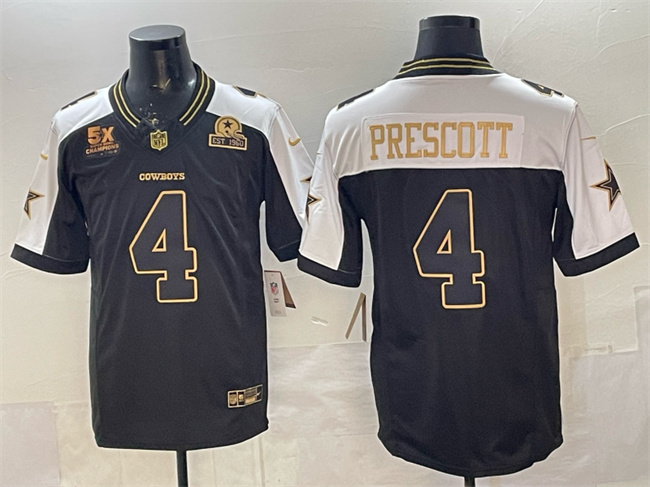 Personalized Men’s Dallas Cowboys #4 Dak Prescott Black Gold 2025 F.U.S.E. With 5x Super Bowl Champions & Established In 1960 Patch Limited Stitched Football Jersey