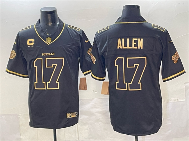 Personalized Men’s Buffalo Bills #17 Josh Allen Black Gold 2025 F.U.S.E. Rivalries With 4-Star C Patch Limited Stitched Football Jersey