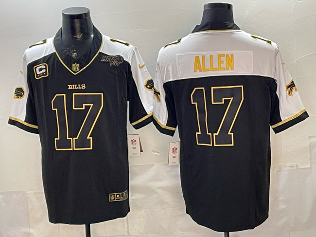 Personalized Men’s Buffalo Bills #17 Josh Allen Black Gold 2025 F.U.S.E. With Bills Mafia Patch & 4-Star C Patch Limited Stitched Football Jersey