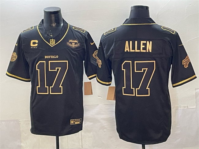 Personalized Men’s Buffalo Bills #17 Josh Allen Black Gold 2025 F.U.S.E. Rivalries With Farewell Patch & 4-Star C Patch Limited Stitched Football Jersey