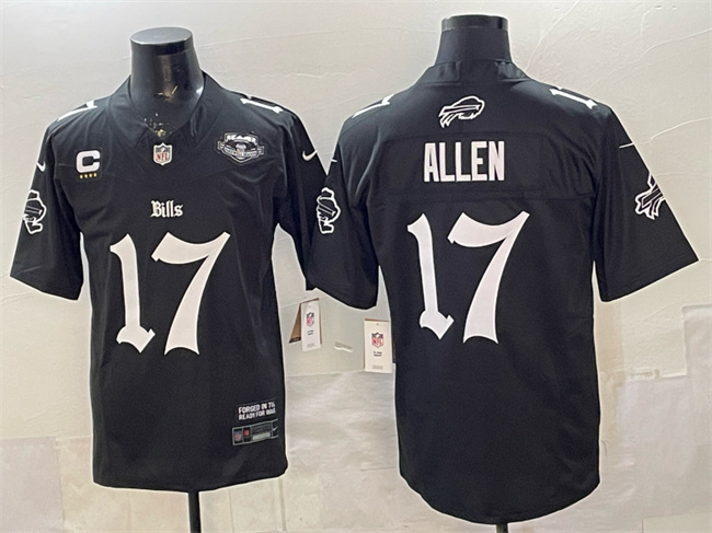 Personalized Men’s Buffalo Bills #17 Josh Allen Black 2025 F.U.S.E. ‘Gothic Cold Front Edition’ With Farewell Patch & 4-Star C Patch Limited Stitched Football Jersey
