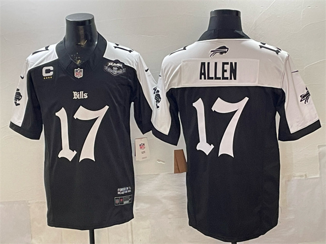 Personalized Men’s Buffalo Bills #17 Josh Allen Black White 2025 F.U.S.E. ‘Gothic Cold Front Edition’ With Farewell Patch & 4-Star C Patch Limited Stitched Football Jersey