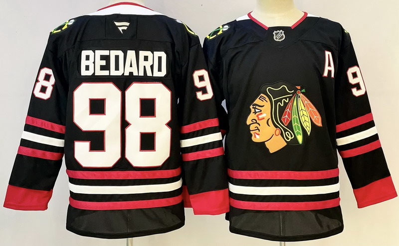 Personalized Men’s Chicago Blackhawks #98 Connor Bedard Black With A Patch Stitched Hockey Jersey