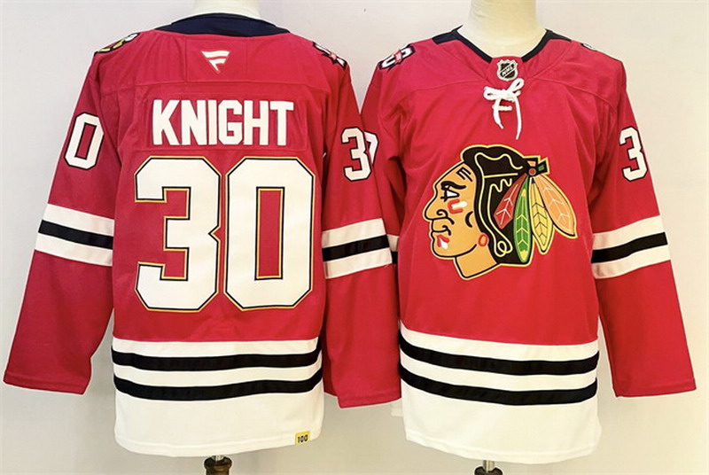 Personalized Men’s Chicago Blackhawks #30 Spencer Knight Red 2025 Home 100th Anniversary Stitched Hockey Jersey
