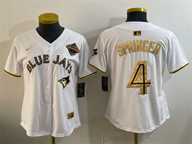Personalized Women’s Toronto Blue Jays #4 George Springer White Gold 2025 American League Champions Limited Stitched Baseball Jersey(Run Small)