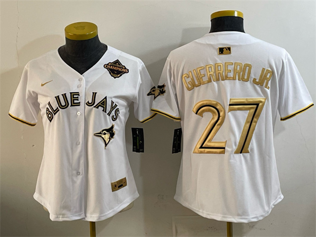 Personalized Women’s Toronto Blue Jays #27 Vladimir Guerrero Jr. White Gold 2025 American League Champions Limited Stitched Baseball Jersey(Run Small)