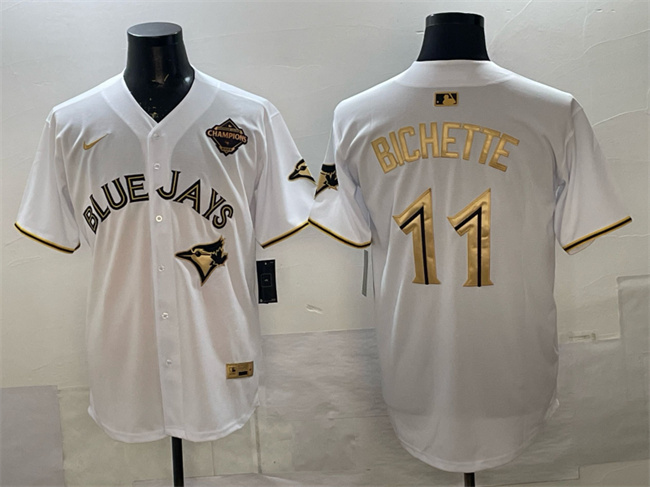 Personalized Men’s Toronto Blue Jays #11 Bo Bichette White Gold 2025 American League Champions Limited Stitched Baseball Jersey