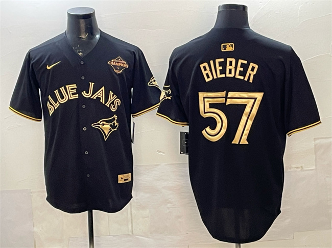 Personalized Men’s Toronto Blue Jays #57 Shane Bieber Black Gold 2025 American League Champions Limited Stitched Baseball Jersey