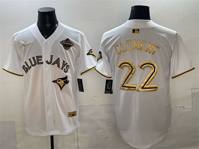 Personalized Men’s Toronto Blue Jays #22 Ernie Clement White Gold 2025 American League Champions Limited Stitched Baseball Jersey